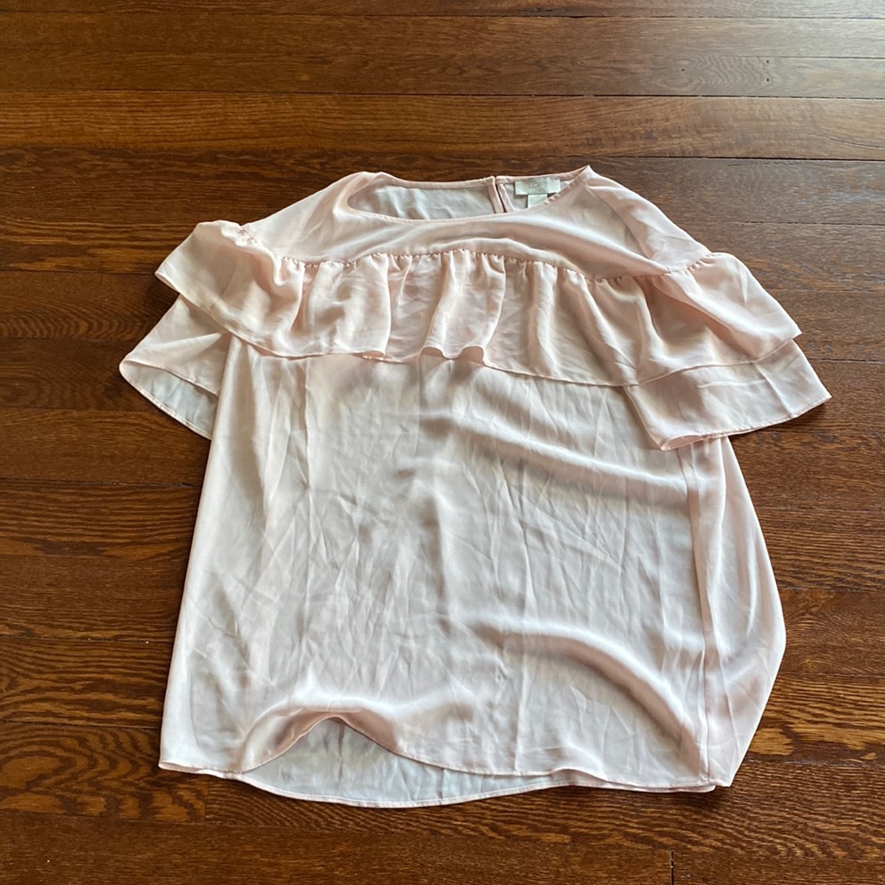 LOFT Blush Pink Chiffon Ruffle Front Blouse Flutter Sleeve Top Size Large